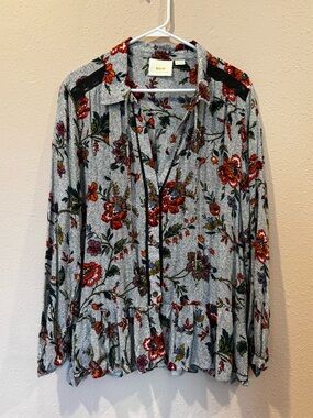 Anthropologie Floral Button-Up Blouse in White with Red, Green & Purple Flowers